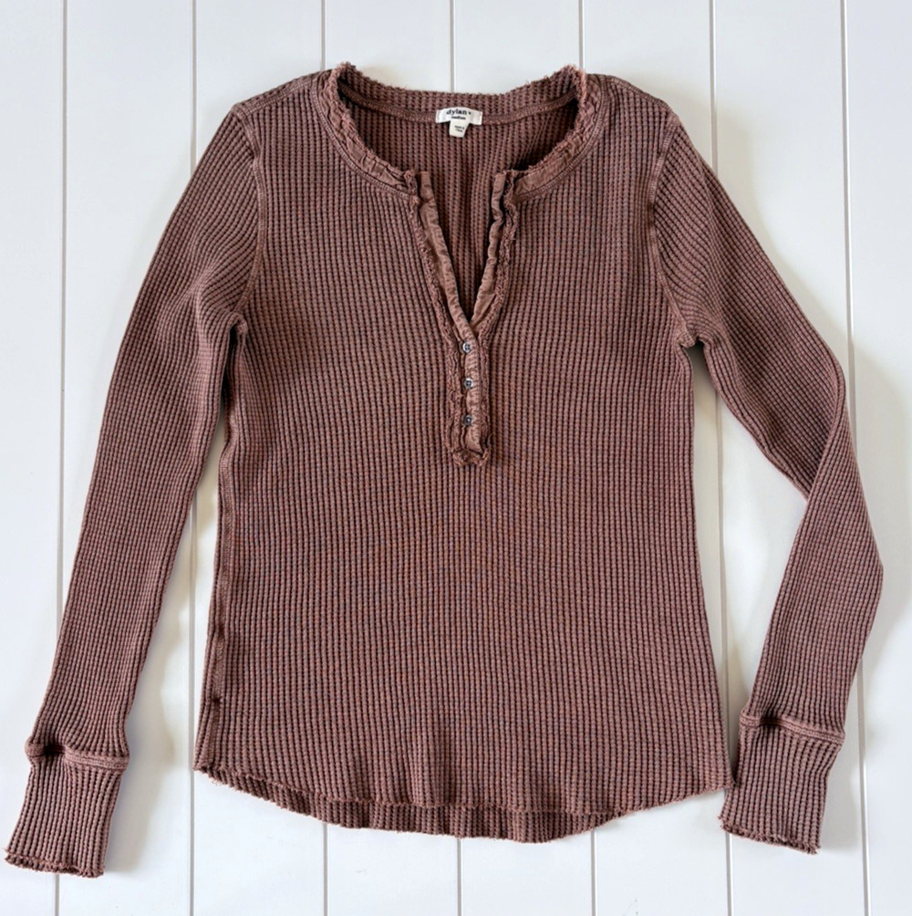 Dylan Waffle Knit Henley‎ Top Cotton Thermal V-neck Brown Long Sleeve M Hygge